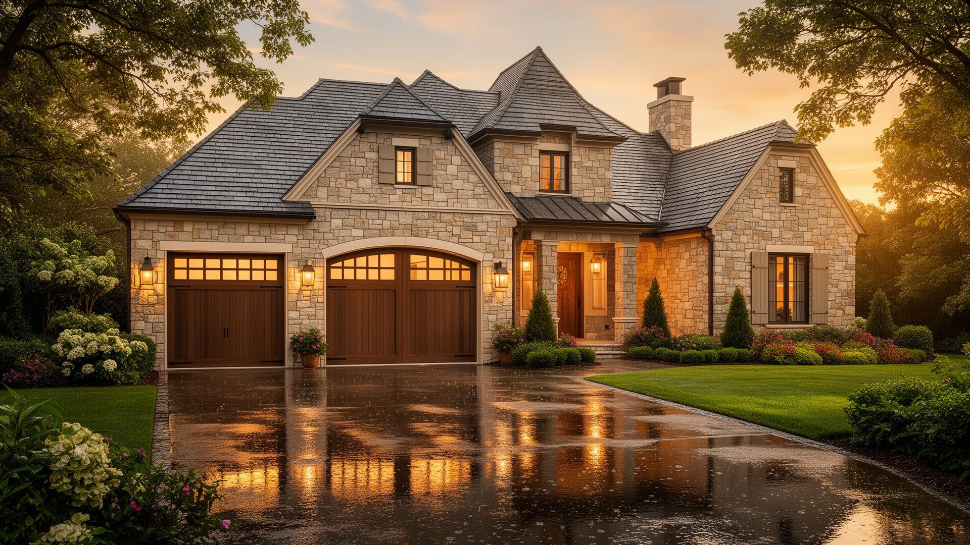 Beautiful craftsman style garage doors on French country estate in Sachse Texas